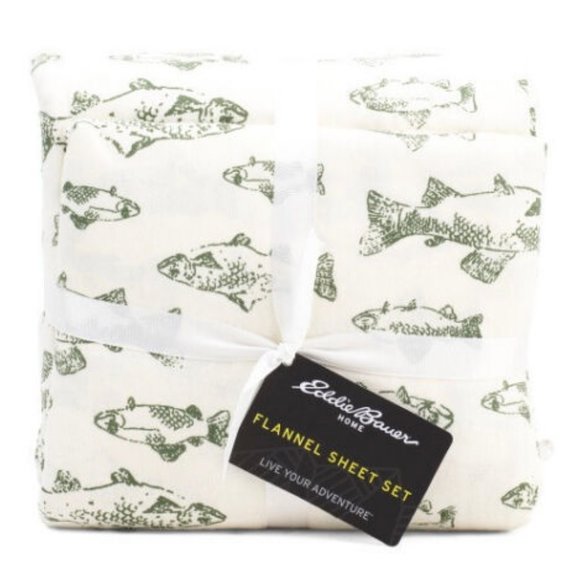 Eddie Bauer FISH DRAWING Flannel TWIN SIZE Sheet Set  Fishing    COTTON FLANNEL - Picture 1 of 2
